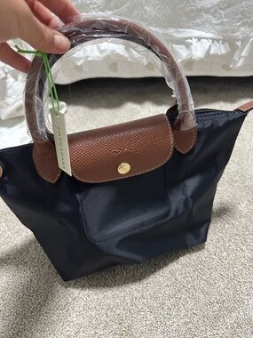 Longchamp Small Le Pliage Top-Handle Tote in Black with Brown Trim
